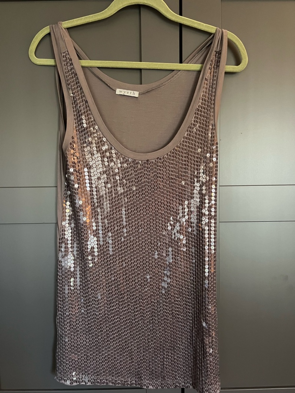 Sequin Scoop Neck Tank Top in Grayish Taupe by Wyeth